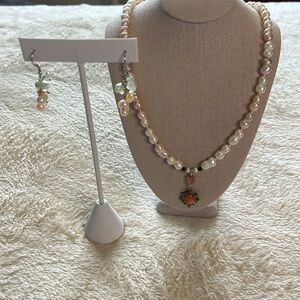 Necklace & Pierced Earring Set- coral, cream, amber pearl like stones